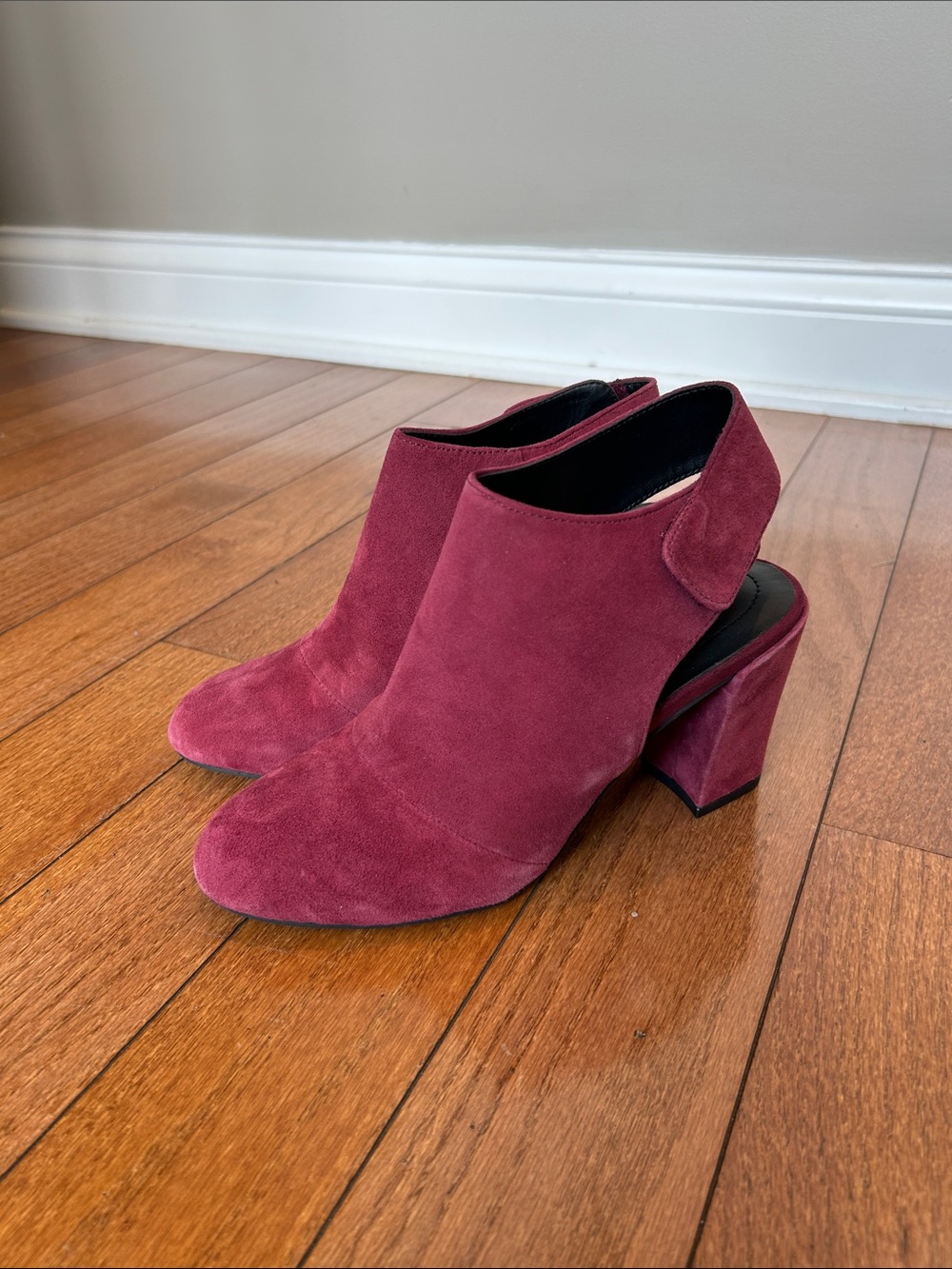 Adam Tucker Jenna Suede Open-Back Block Heel Ankle Bootie in Burgundy - 7